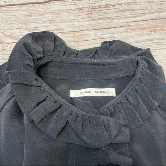 Samsøe Samsøe Jade Shirt Dress Color: Sky Captain 100% Silk Ruffle Midi Size S - Picture 8 of 10